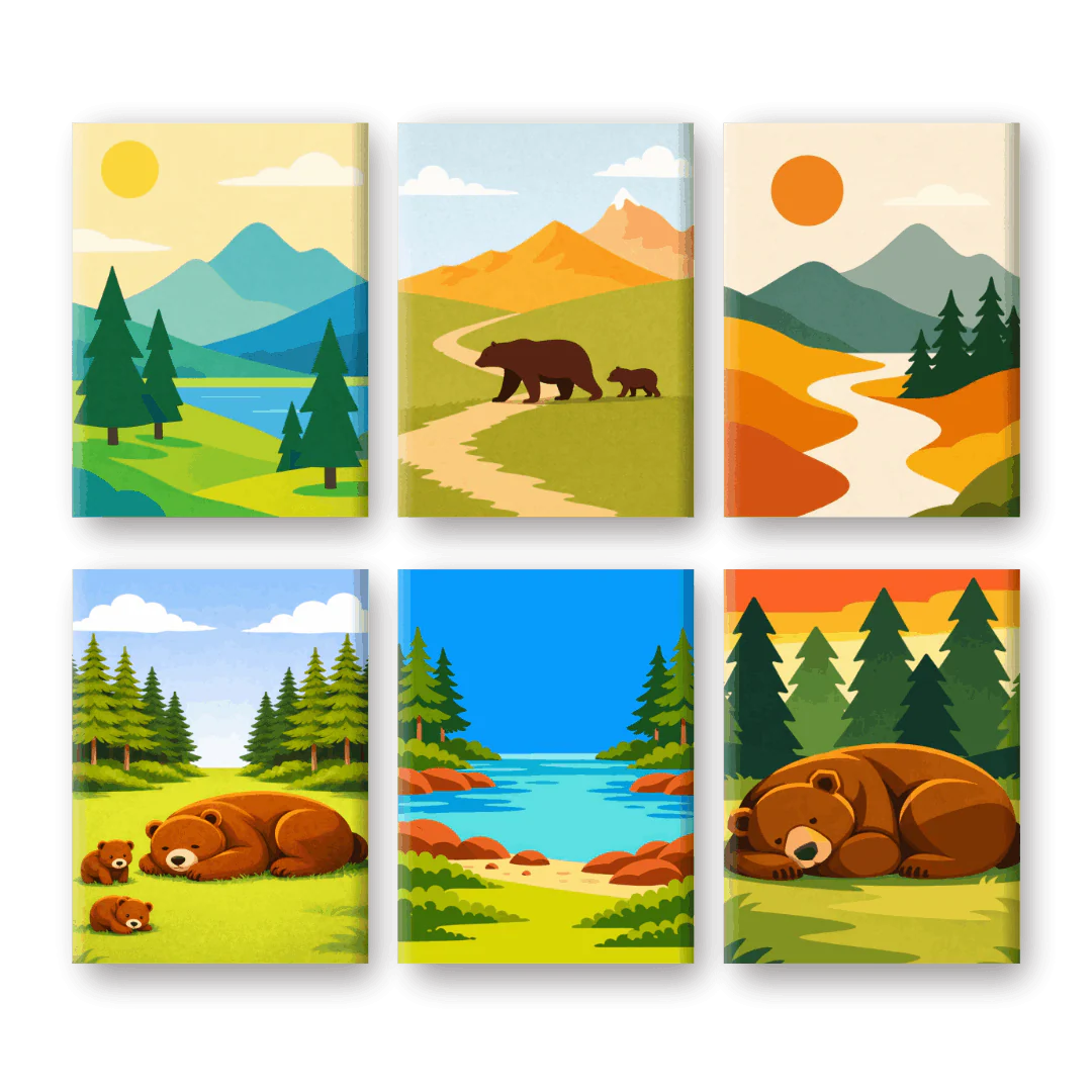 6 Mini Paintings - Bears & Landscapes Set