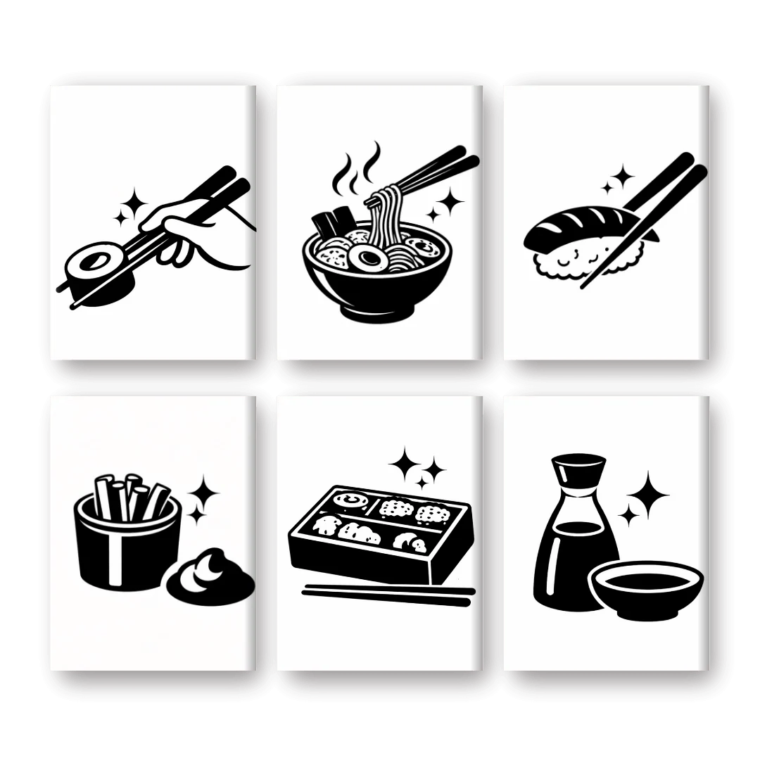 6 Mini Paintings - Black & White Sushi Set