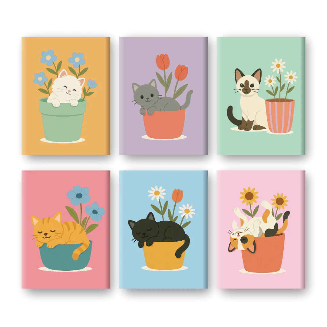 6 Mini Paintings -  Cats & Flowers Set