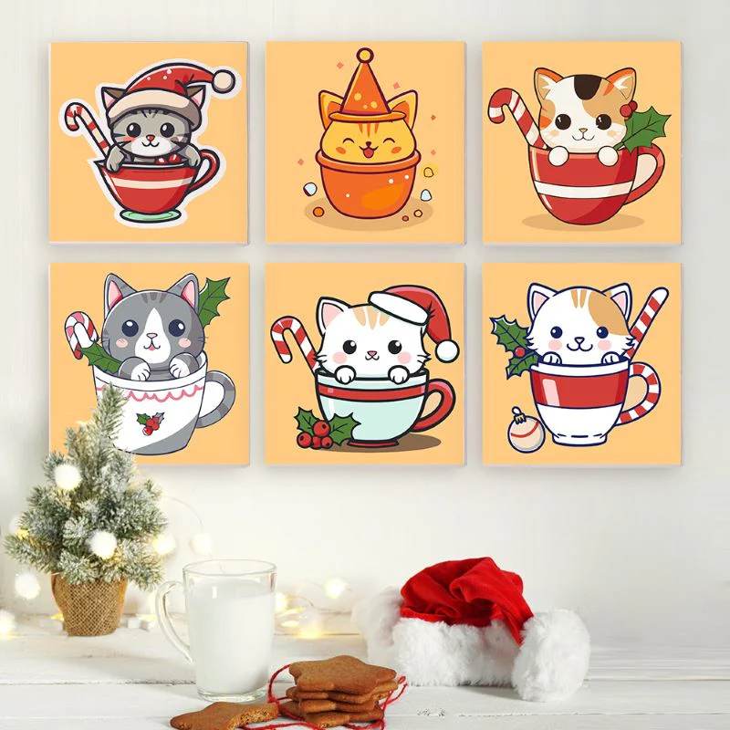 6 Mini Paintings - Christmas Cats - Image 2