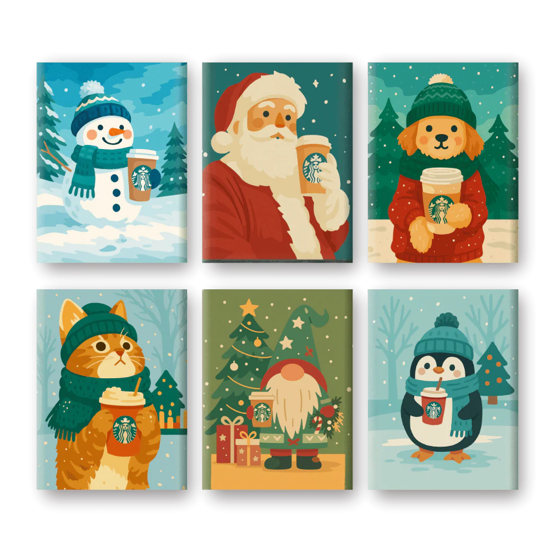6 Mini Paintings - Christmas Coffee Friends Set