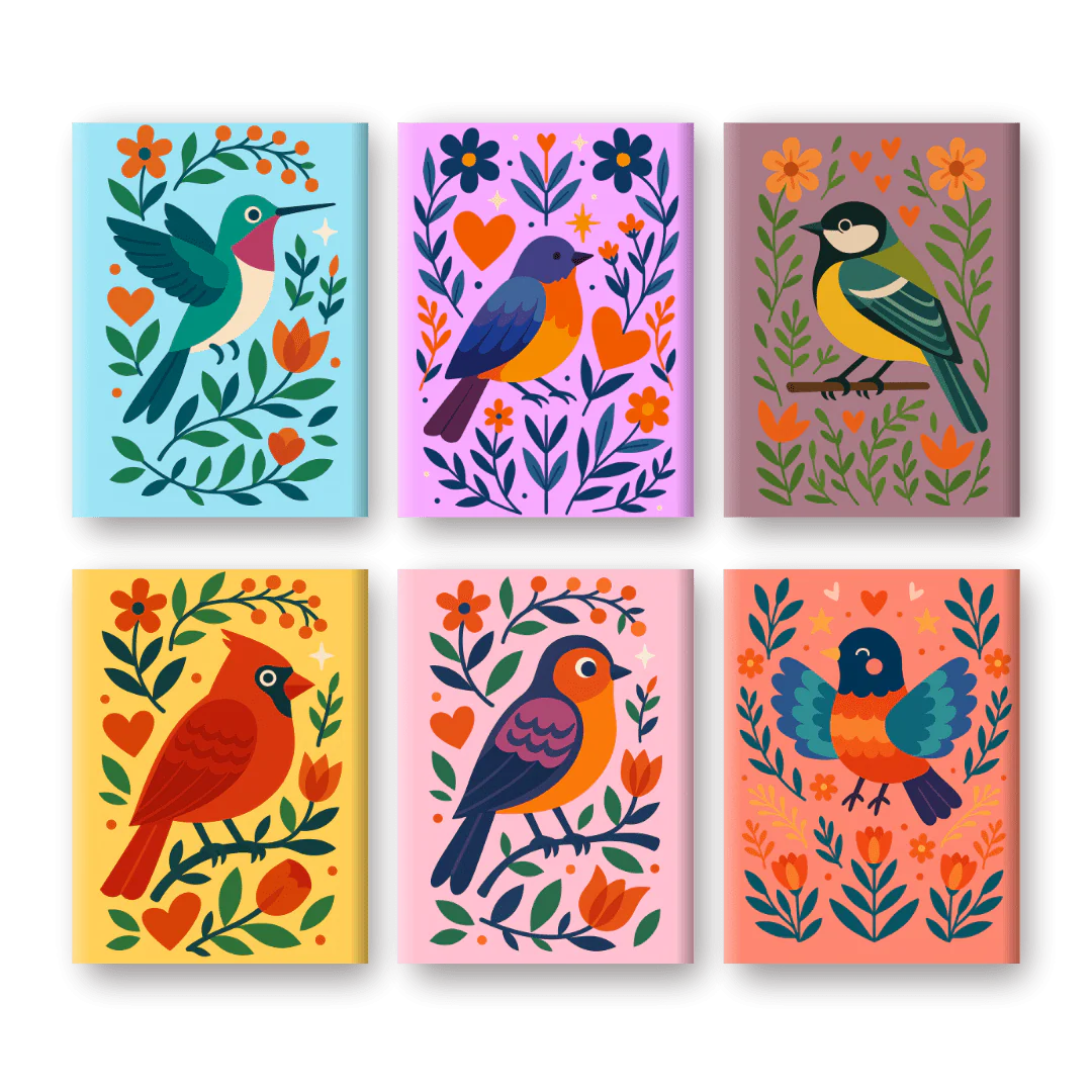 6 Mini Paintings - Colorful Birds Set