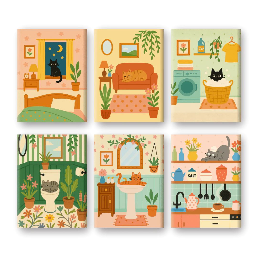 6 Mini Paintings - Cute Cat Set