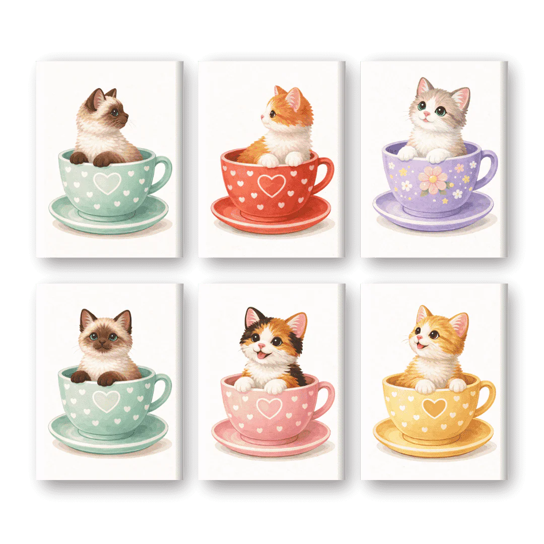 6 Mini Paintings - Cute Cats in Cups Set