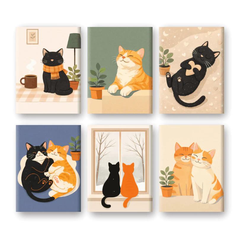 6 Mini Paintings - Cute House Cats Set