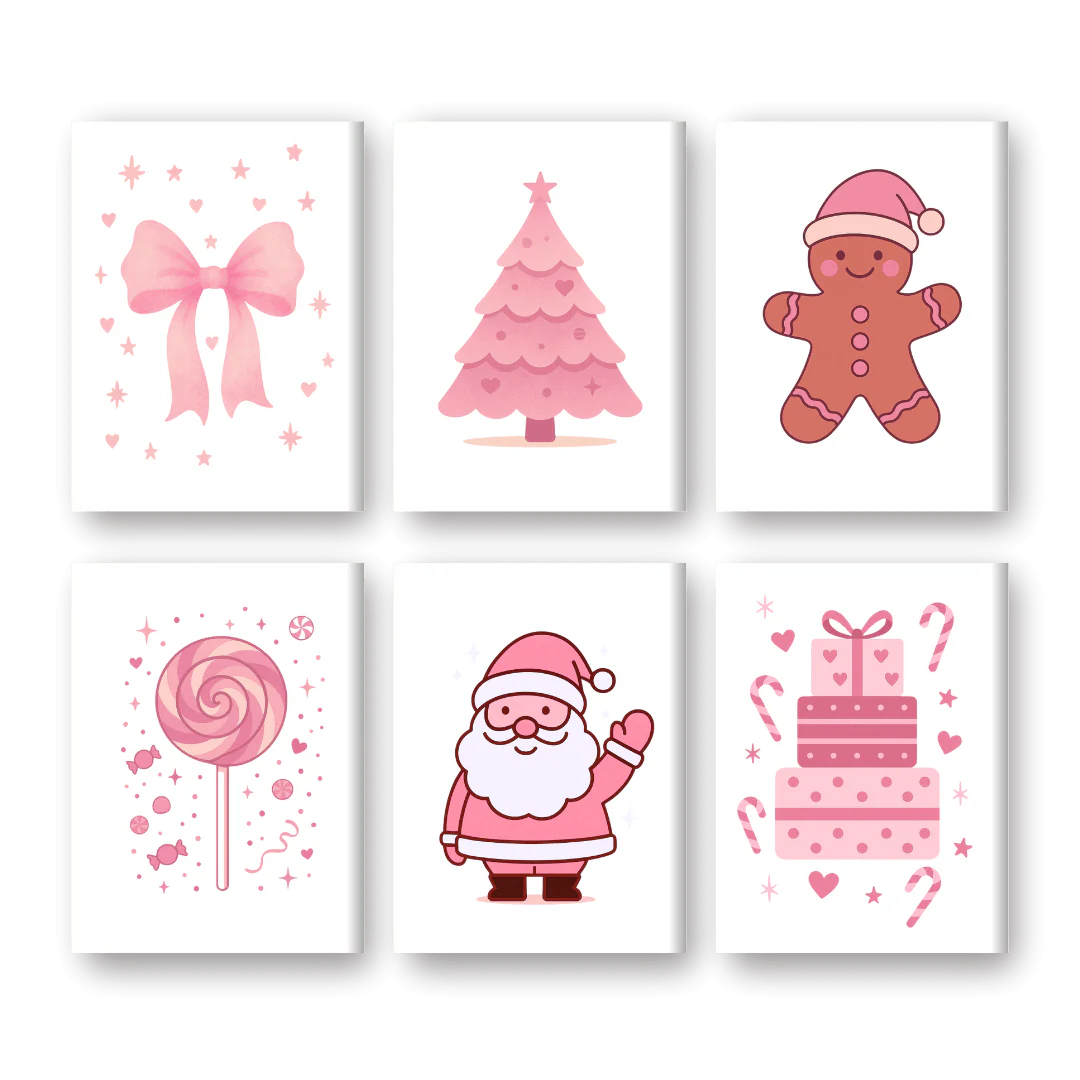 6 Mini Paintings - Cute Pink Christmas Set