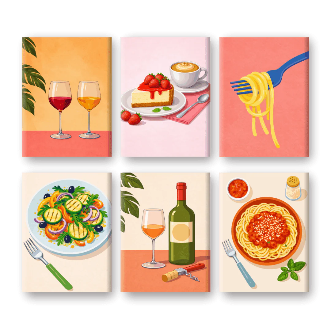 6 Mini Paintings - Dinner & Wine Set