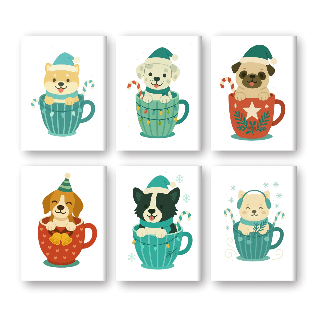 6 Mini Paintings - Dogs in Christmas Cups Set