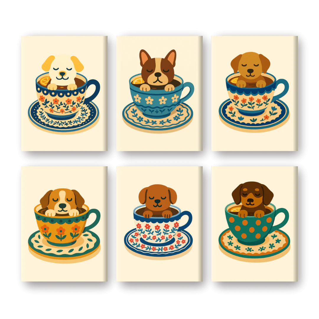 6 Mini Paintings - Dogs in Coffee Cups Set
