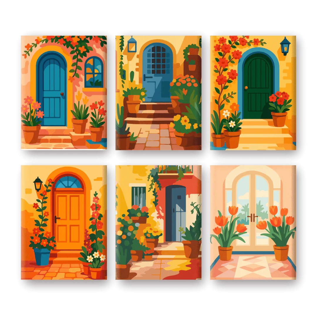 6 Mini Paintings - Flowers & Doors Set