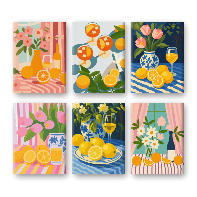 6 Mini Paintings - Flowers & Drinks Set