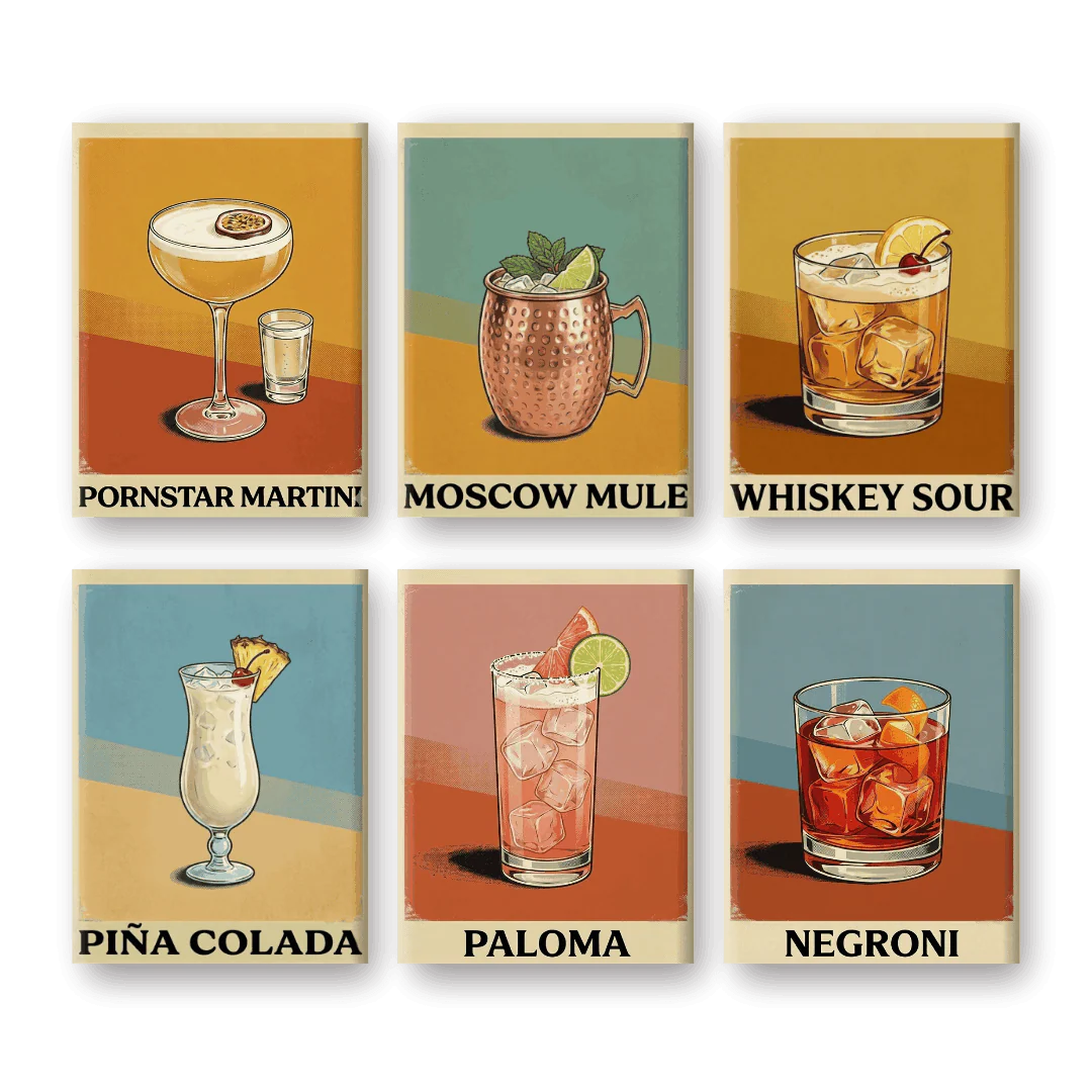 6 Mini Paintings - Vintage Cocktail Posters Set