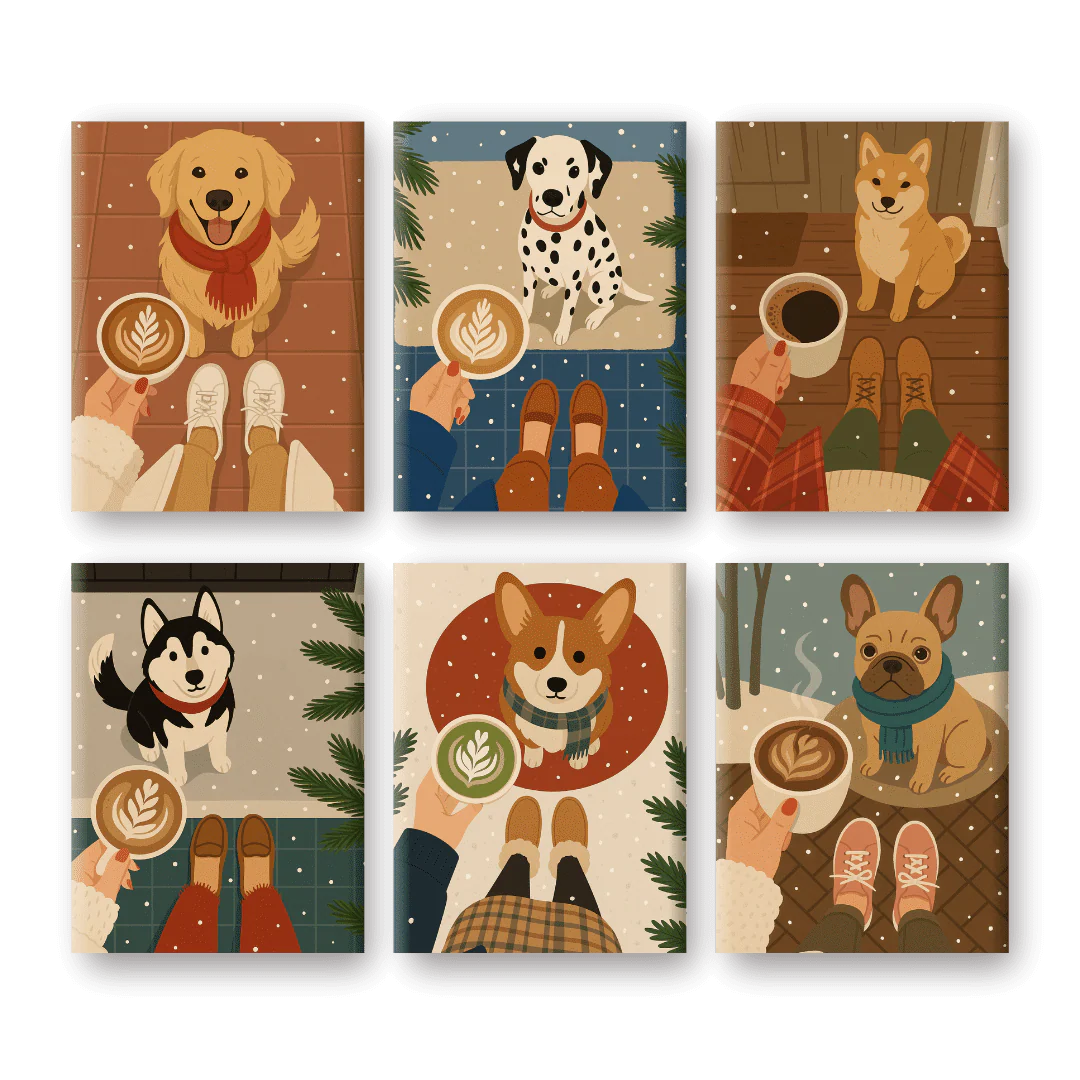 6 Mini Paintings - Winter Coffee & Dogs Set