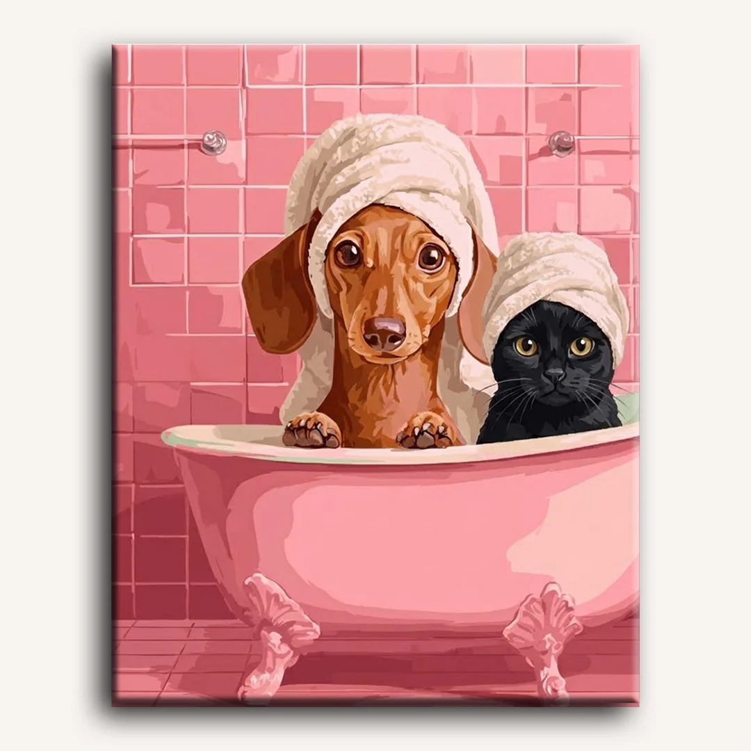 Dachshund & Cat in Bath | Paint by Number - Image 2